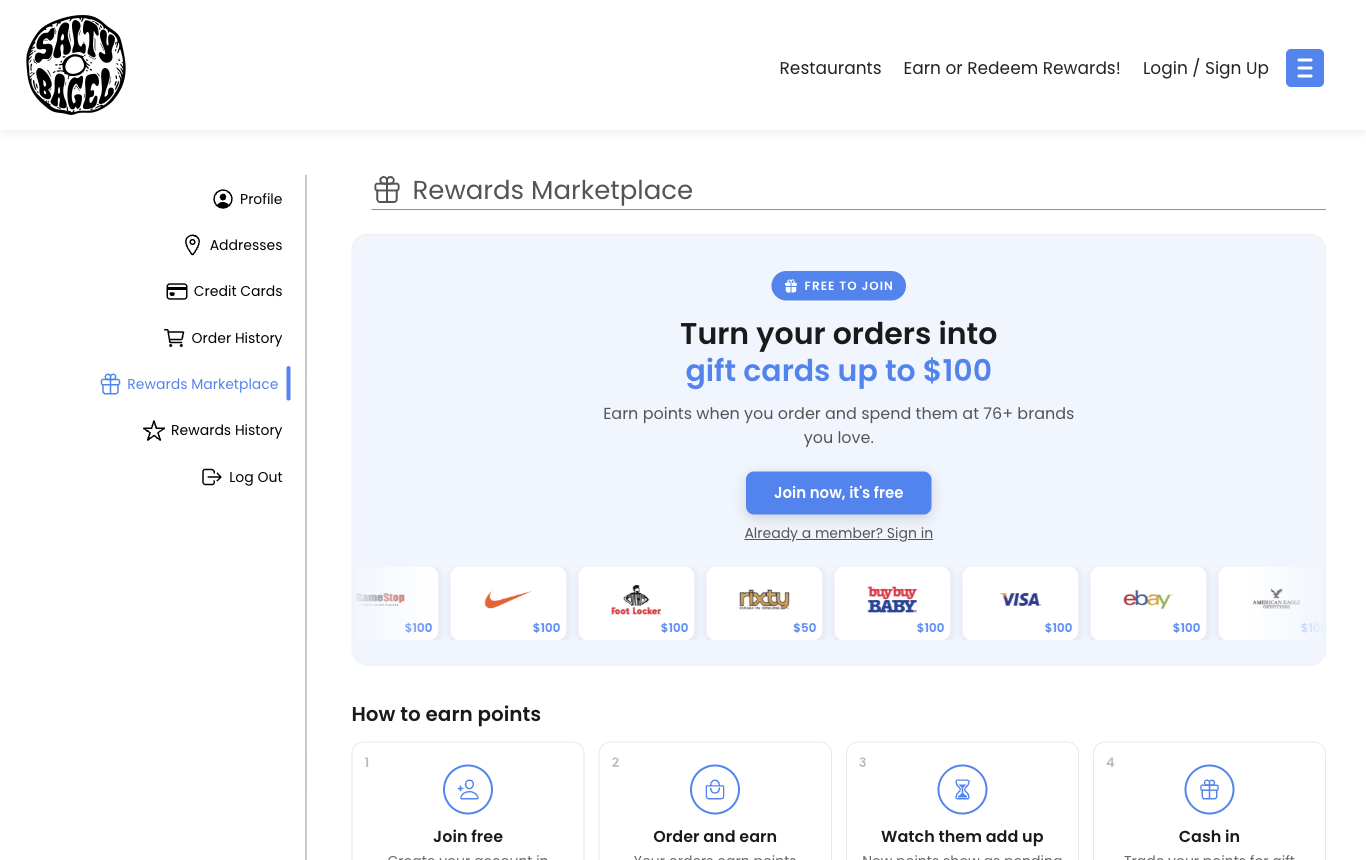 Rewards page for a new visitor on a computer