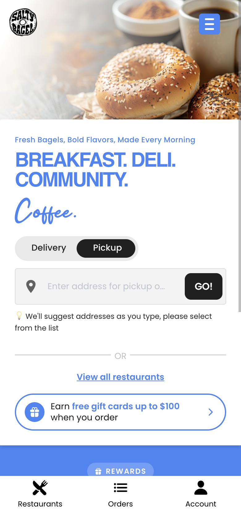Home page on a phone with an Earn free gift cards up to $100 badge