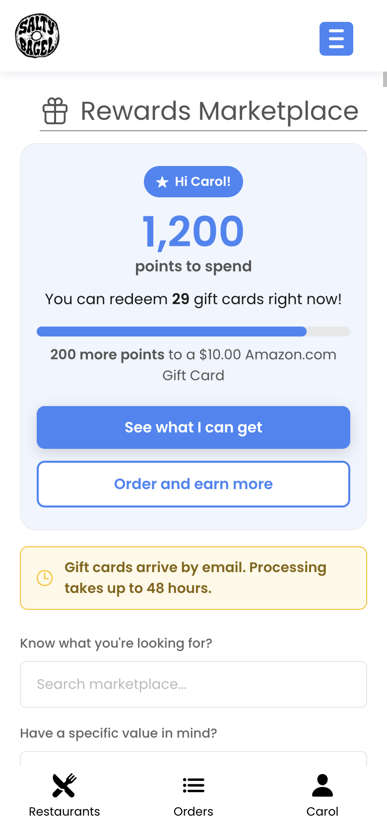 Member rewards page with points balance and progress bar