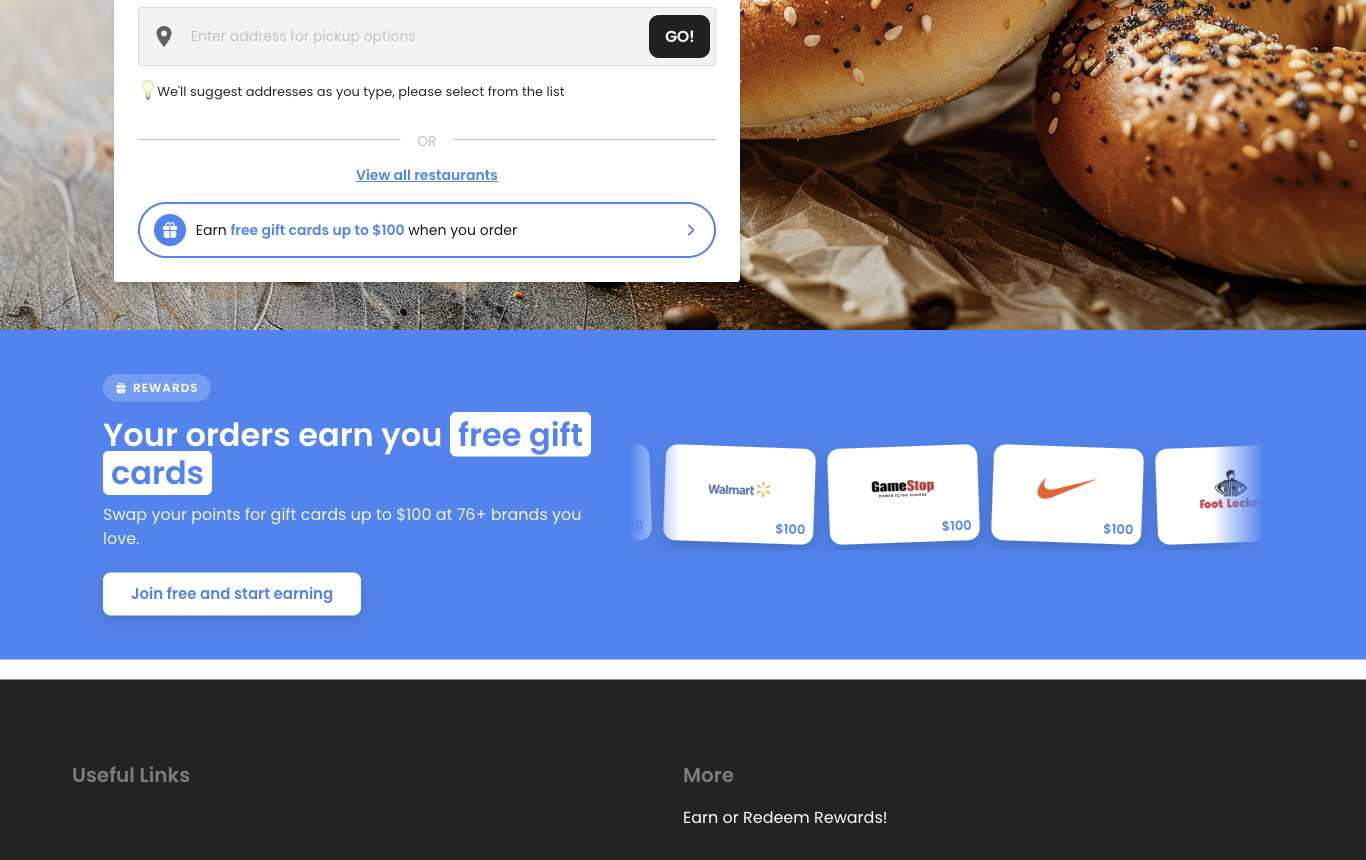Home page with a rewards badge in the ordering box and a rewards banner