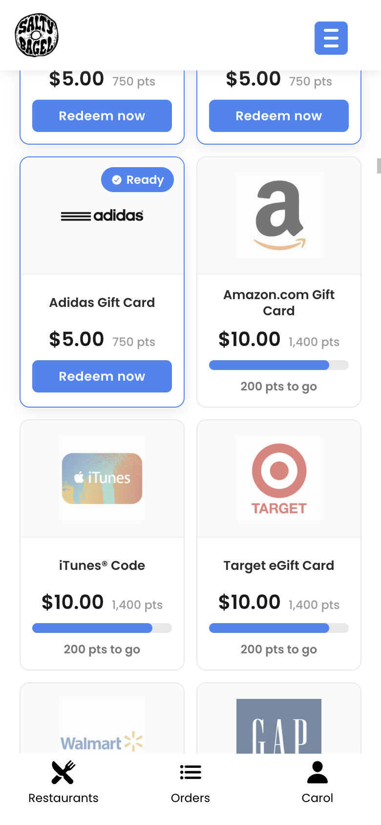 Gift cards with Ready badges and progress bars