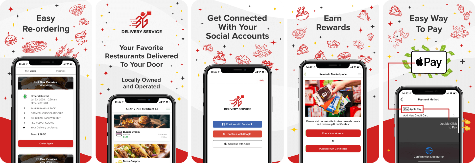 Delivery Service branded customer app screens showing easy re-ordering, social sign-in, rewards marketplace and Apple Pay checkout