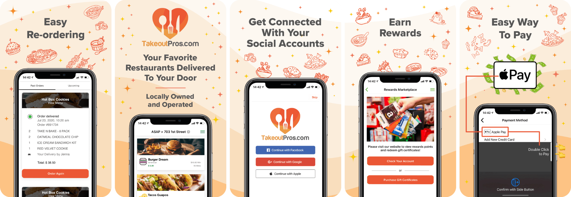 TakeoutPros.com branded customer app screens showing re-ordering, social login, rewards marketplace and payment options