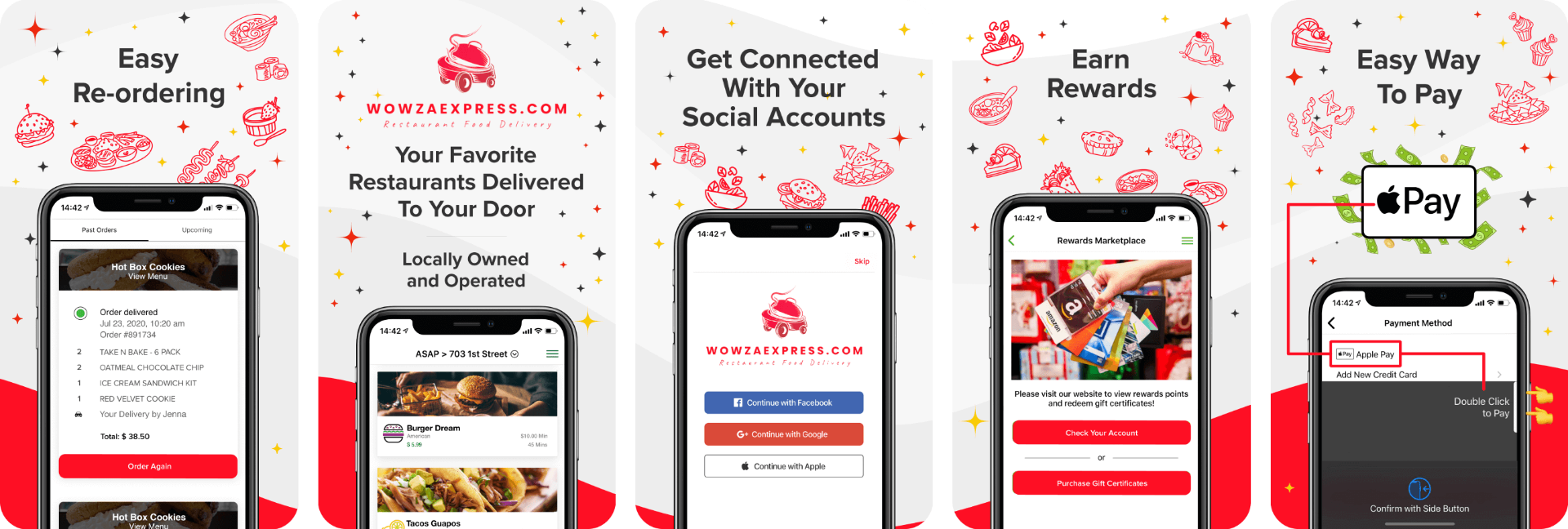 WowzaExpress.com branded customer app screens showing order history, restaurant browsing, rewards and Apple Pay