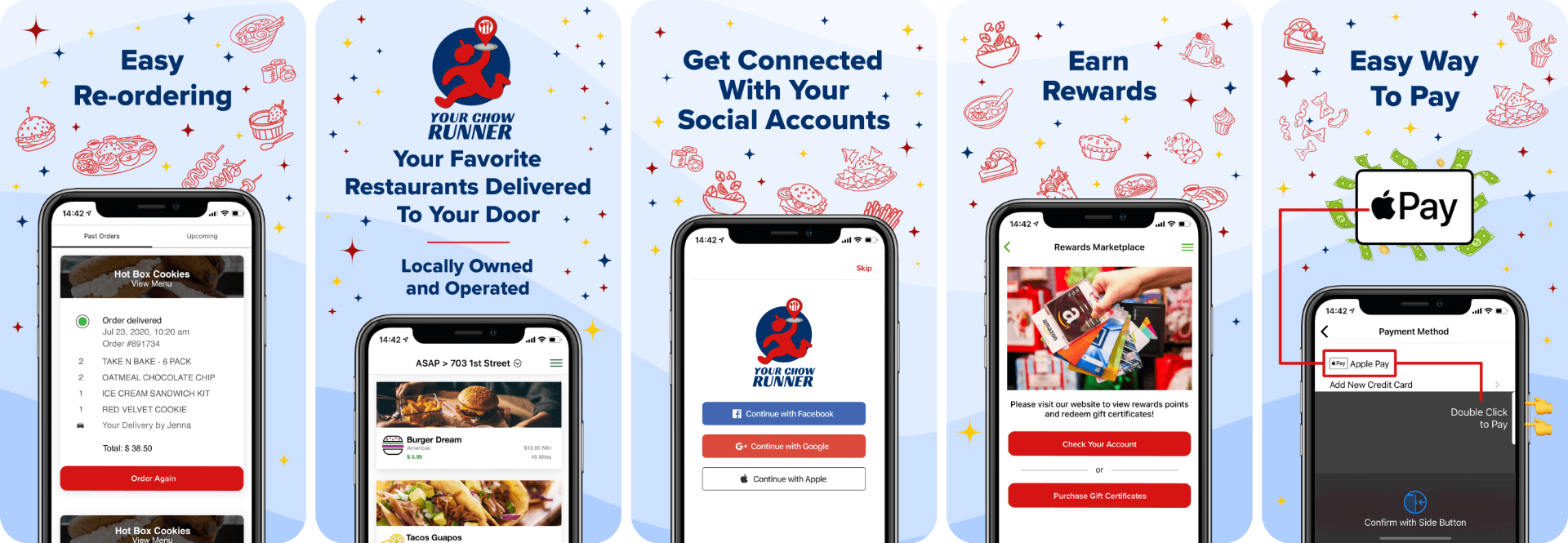 Your Chow Runner branded customer app screens showing re-ordering, social sign-in, gift certificates and Apple Pay