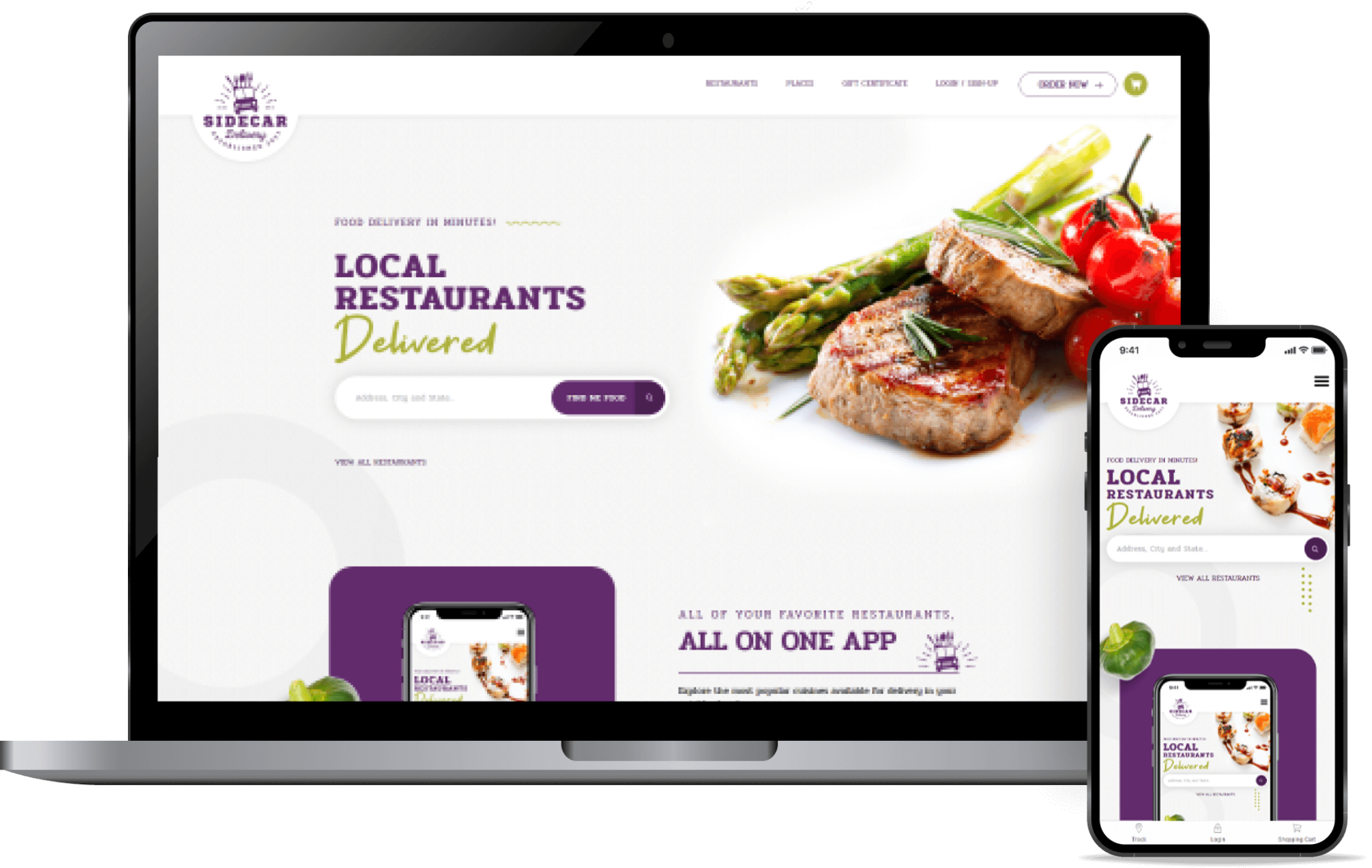 Sidecar Delivery ordering website and mobile site on laptop and phone, with local restaurant search