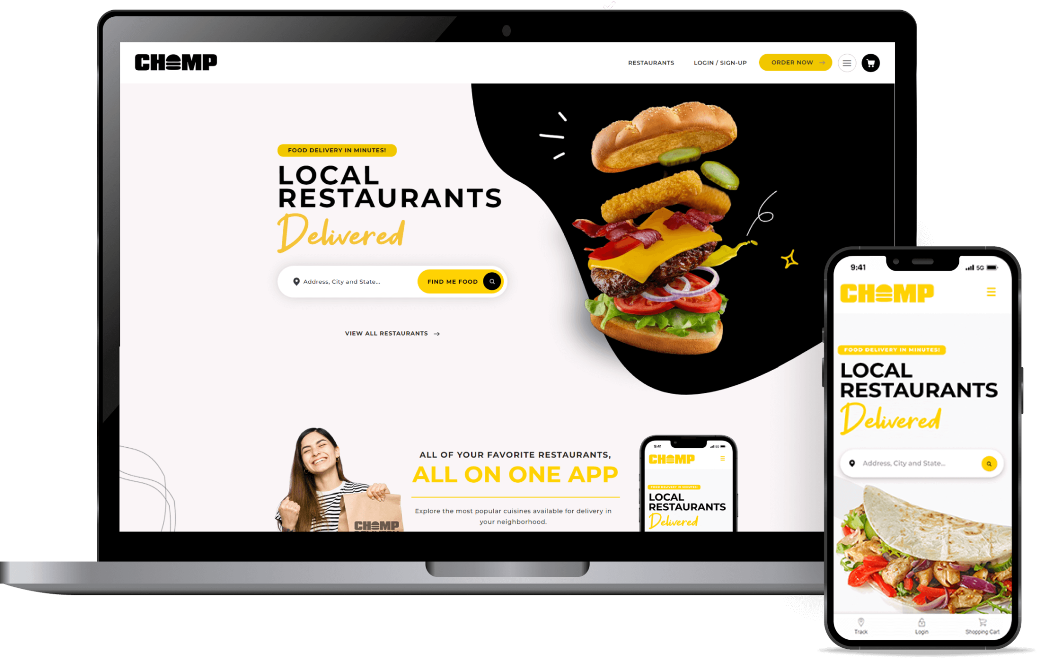 Chomp food delivery website and mobile site on laptop and phone, with burger hero and address search