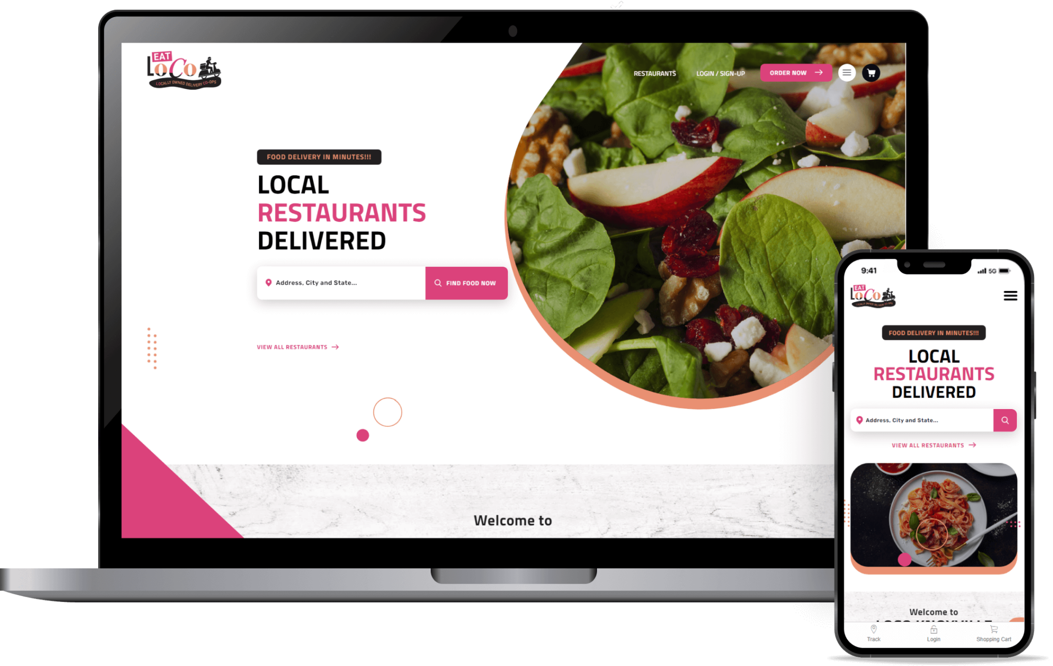 Eat Loco co-op delivery website and mobile site on laptop and phone, with Knoxville restaurant search