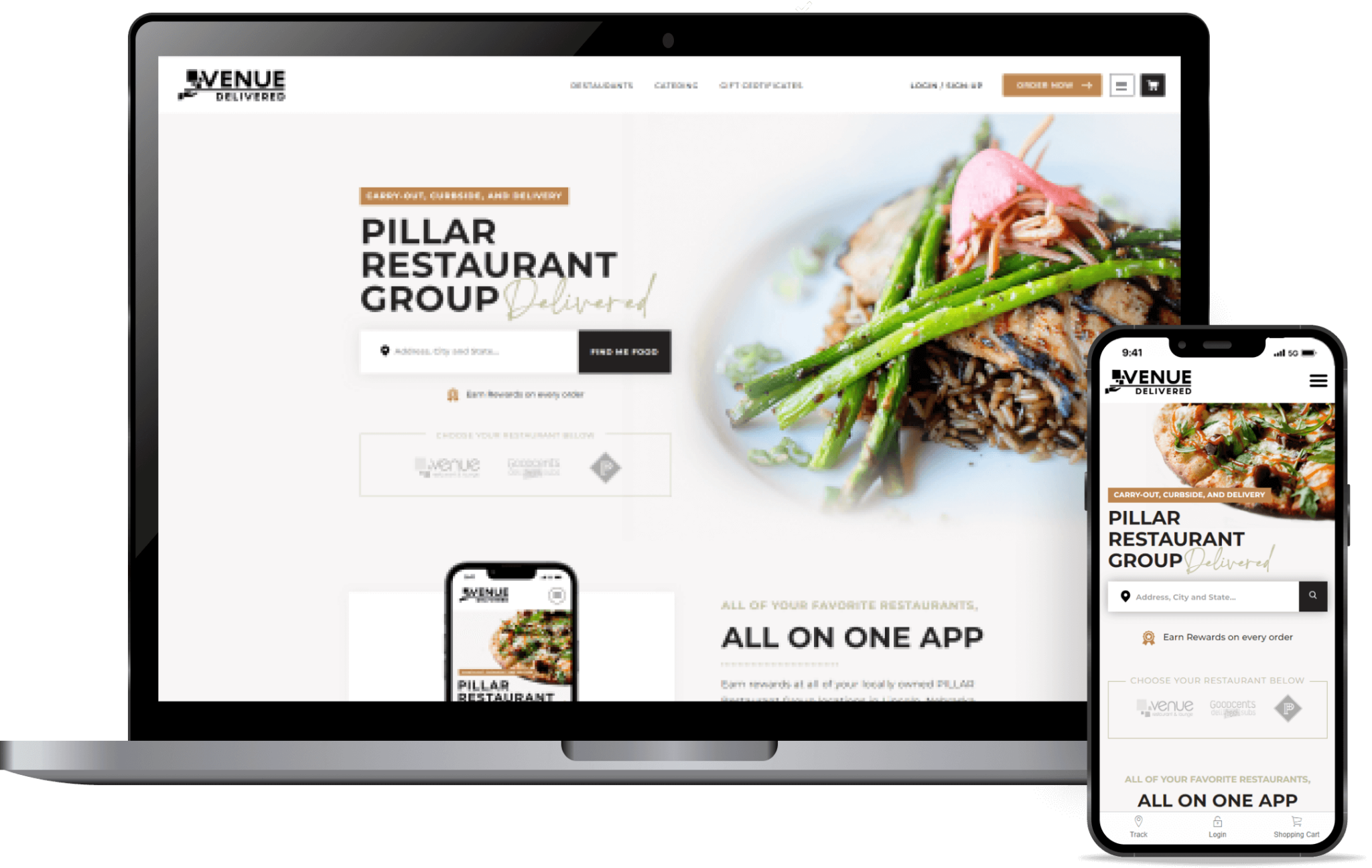 Venue Delivered website and mobile site on laptop and phone, offering Pillar Restaurant Group carry-out, curbside and delivery