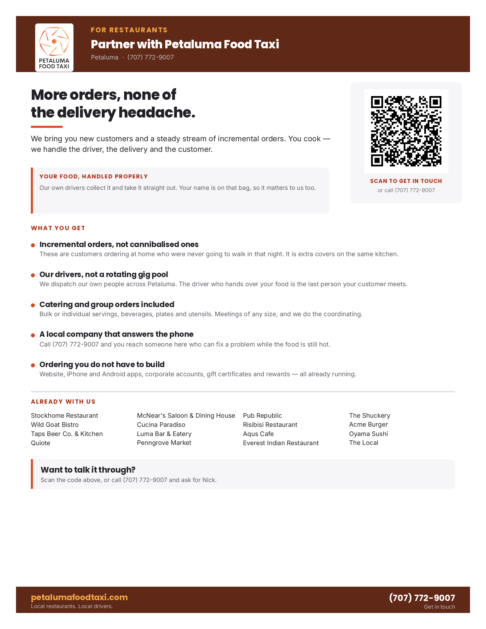 Restaurant partner sell sheet designed for Petaluma Food Taxi