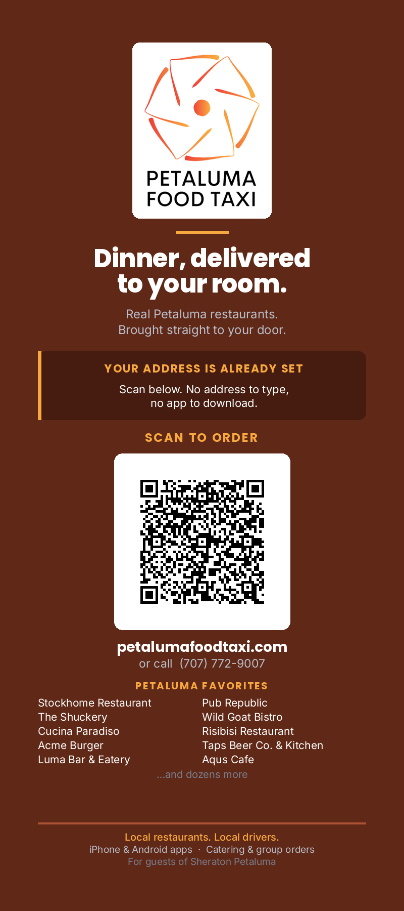 Printed hotel rack card designed for guests at the Sheraton in Petaluma, California