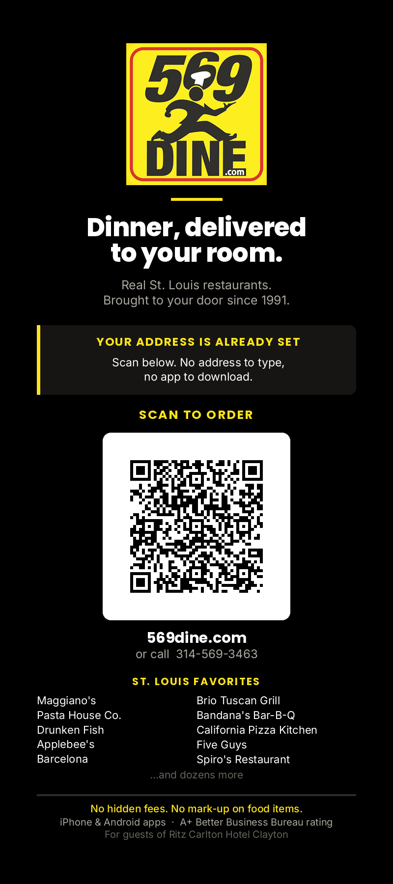 Printed hotel rack card designed for guests at the Ritz-Carlton in Clayton, Missouri